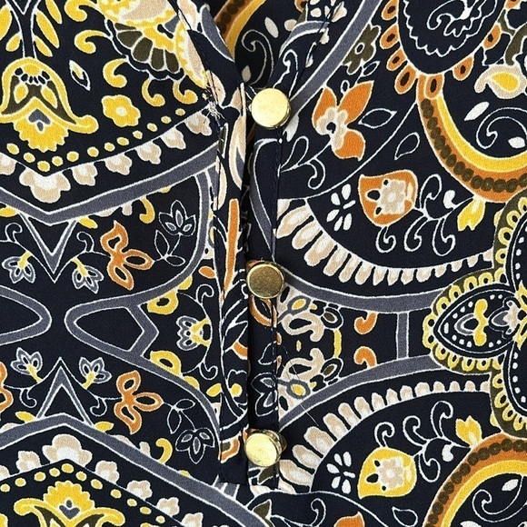 Liz Claiborne Blue Yellow Paisley Print Gold Buttons V-neck Size M Long Sleeve - Picture 4 of 14